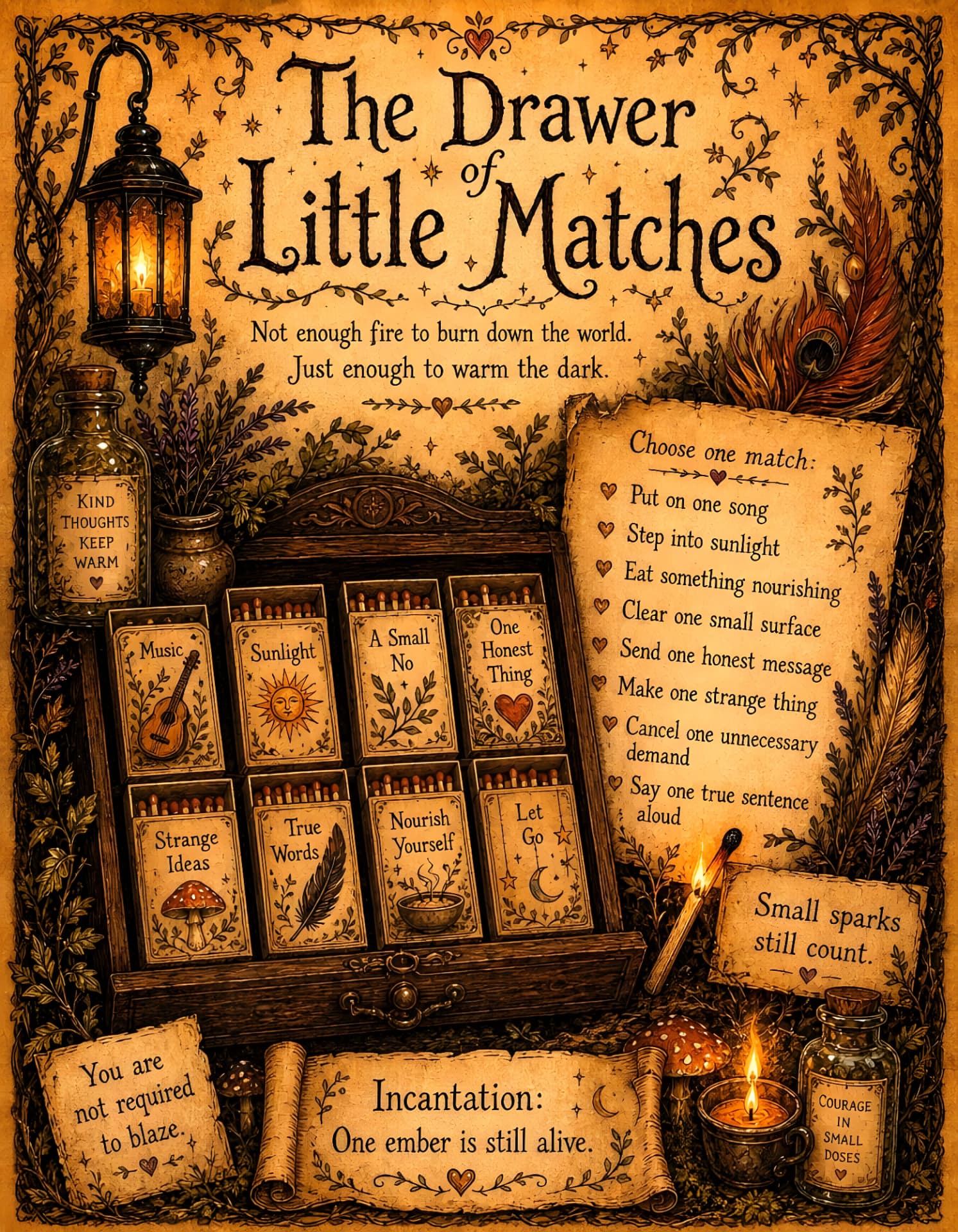 Interior page, The Drawer of Little Matches: a wooden drawer of labelled matchboxes with a list of small gentle actions