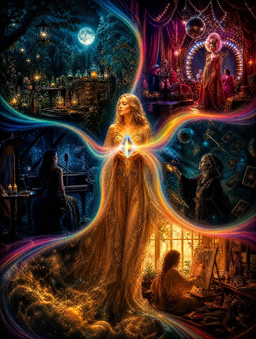 Artwork showing a figure with a glowing prism surrounded by the many creative worlds of Nova Spectrum