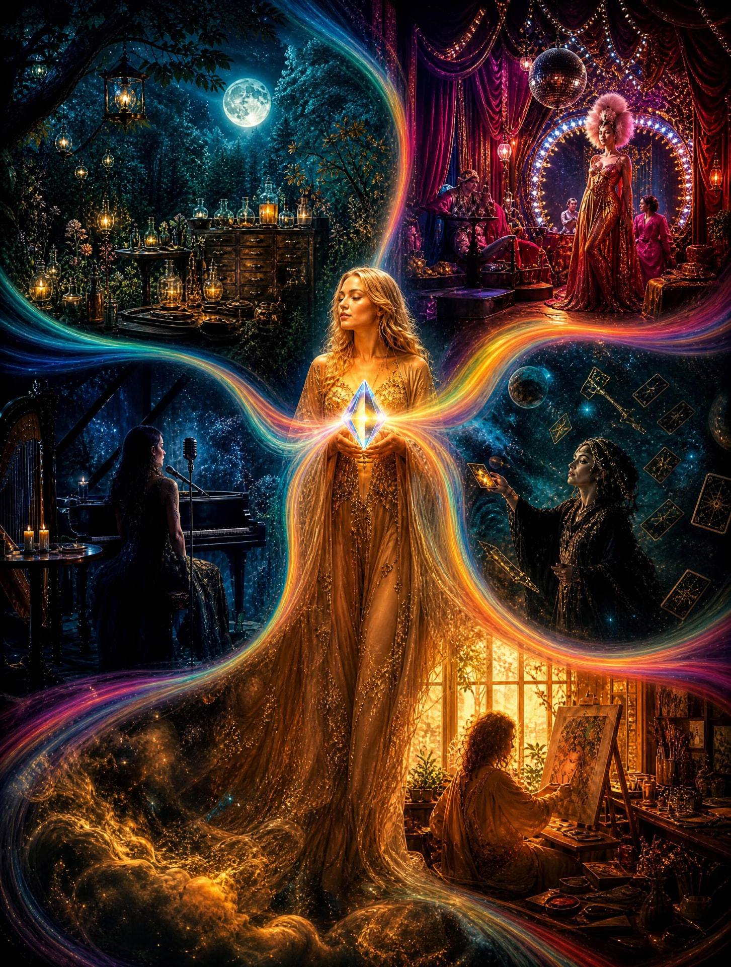 Nova Spectrum Many Worlds artwork: a central blonde figure holding a luminous prism, surrounded by connected creative worlds of music, cards, apothecary, theatre and art