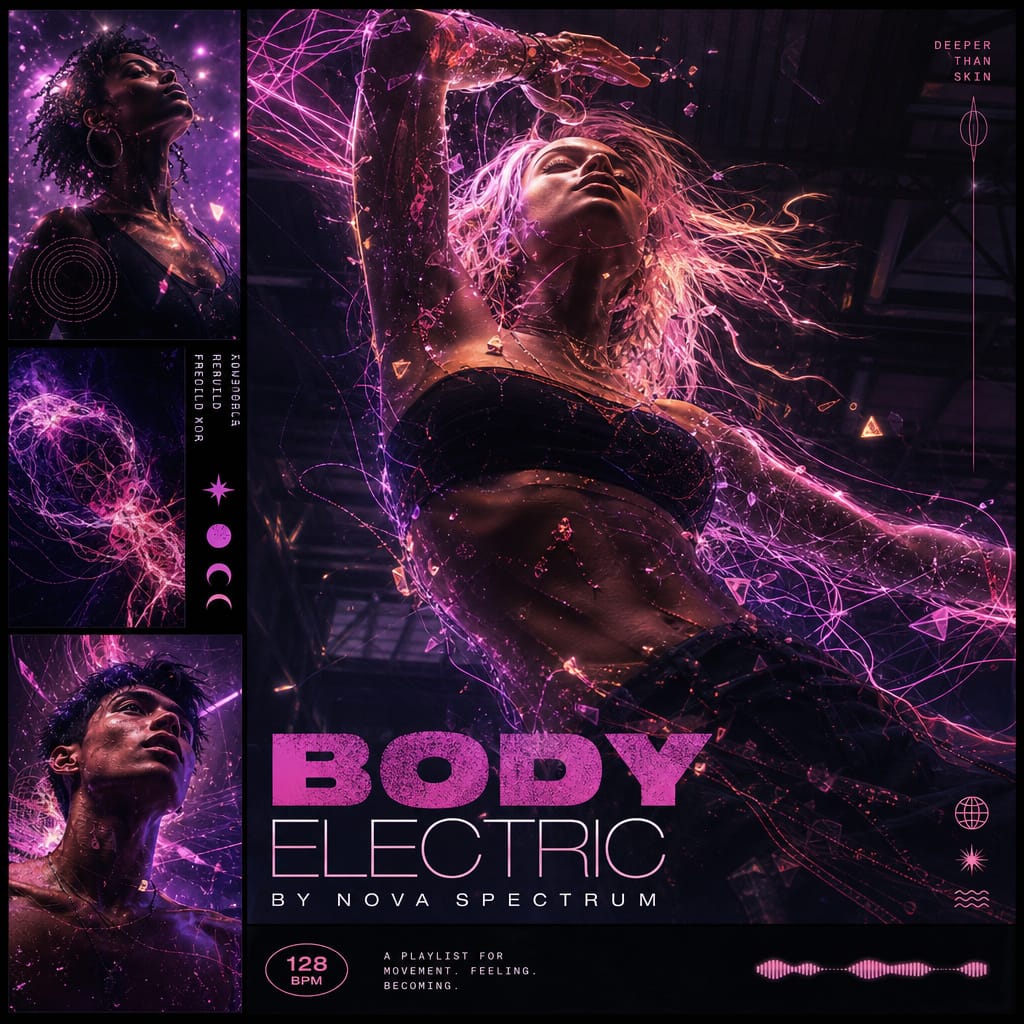 Body Electric playlist cover: a human silhouette filled with glowing nervous-system lines and electric energy in a dark collage