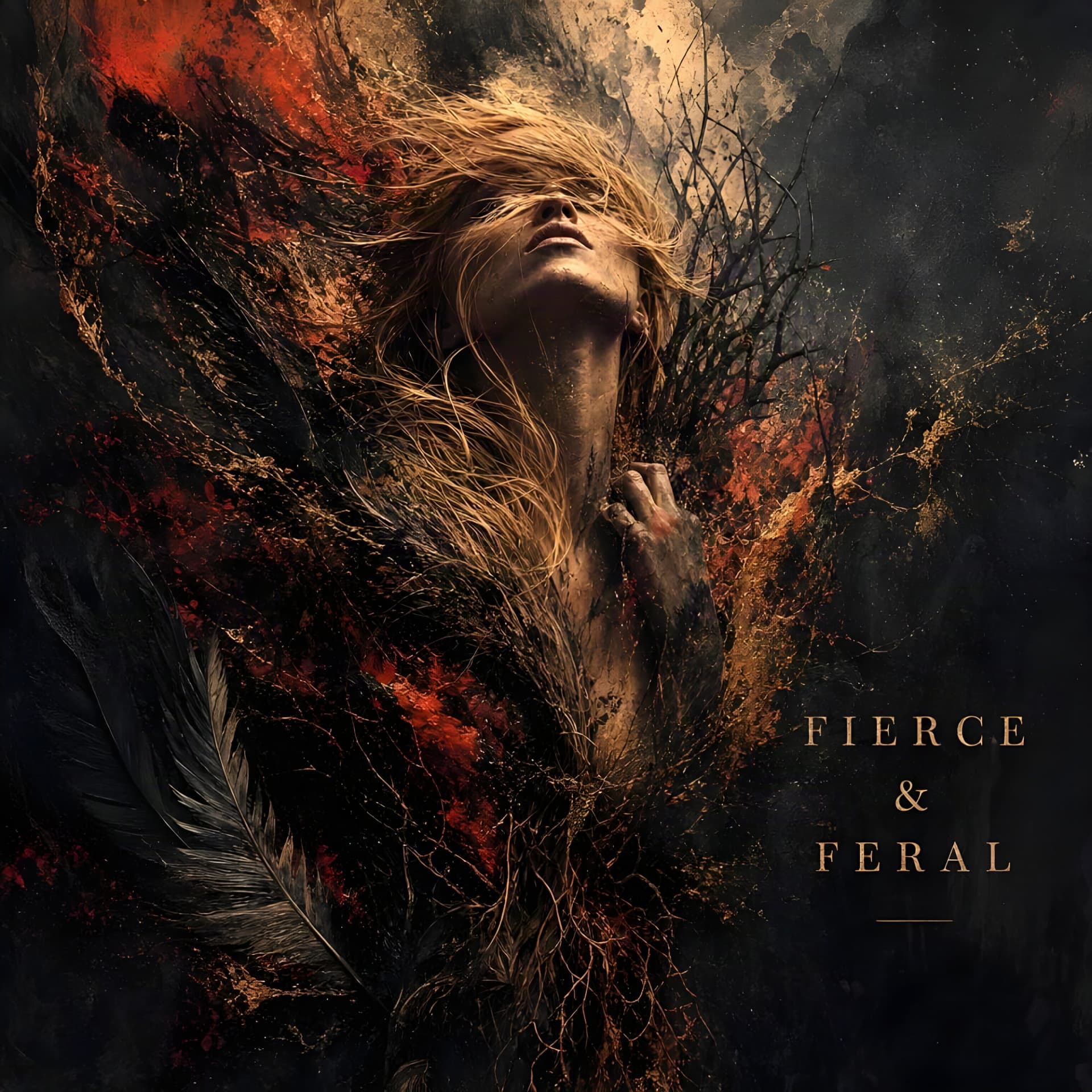 Fierce & Feral playlist cover: a wild feminine figure with glowing eyes, thorny vines and magenta blooms in a dark collage