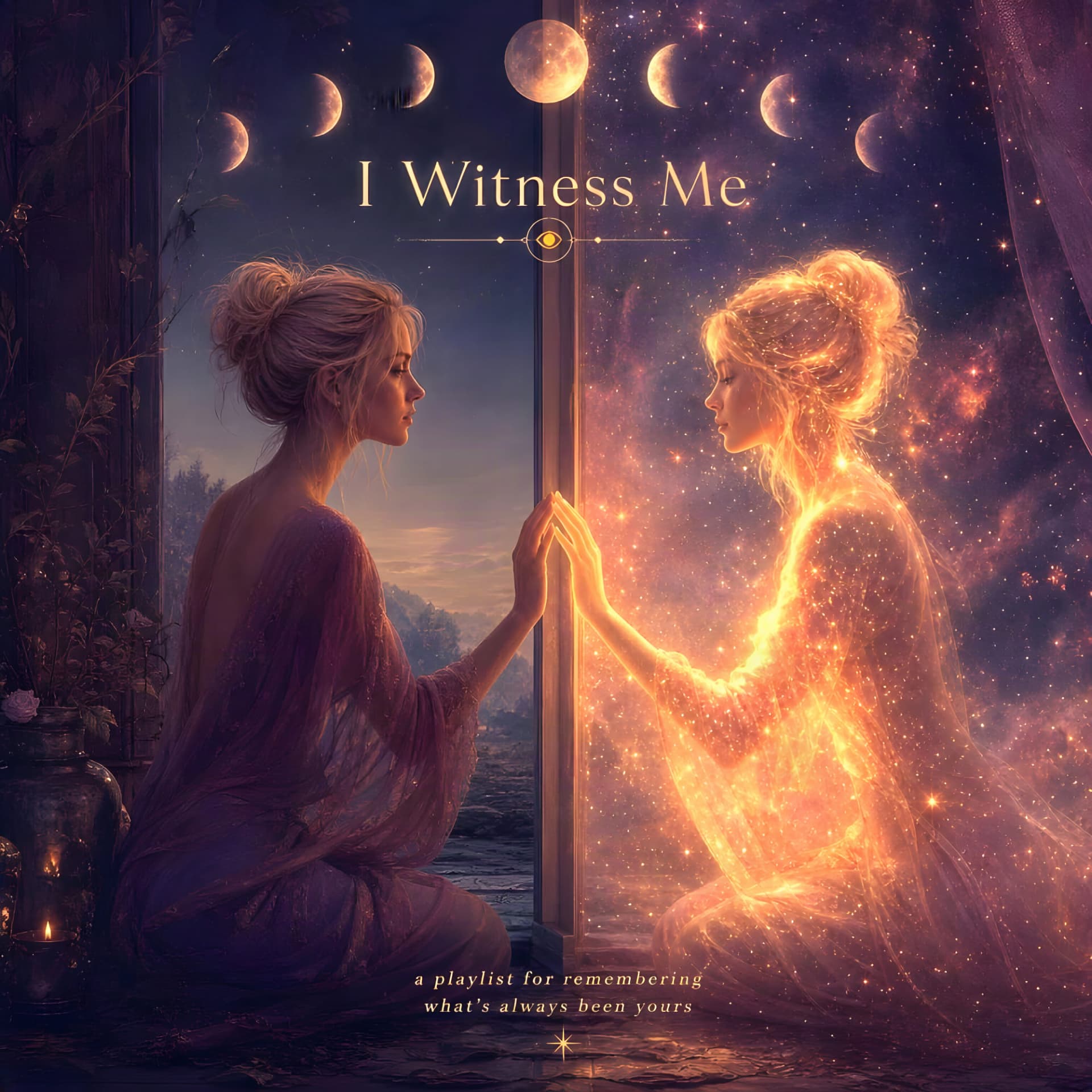 I Witness Me playlist cover: two luminous figures touching hands through a doorway beneath moon phases