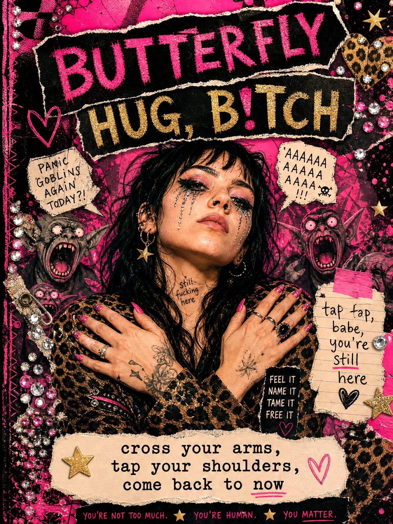 Collage card art for Butterfly Hug, Bitch: a glitter-tear figure crossing their arms in a pink punk collage
