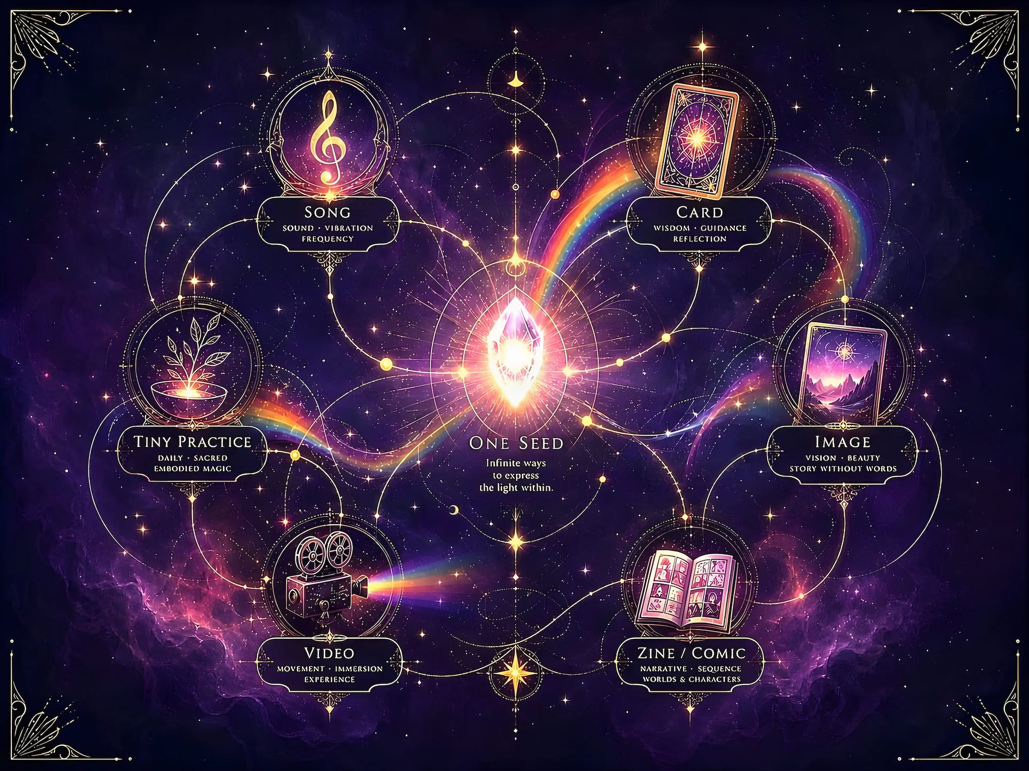 Nova Spectrum constellation diagram: One Seed at the centre connected to Song, Card, Image, Zine / Comic, Video and Tiny Practice