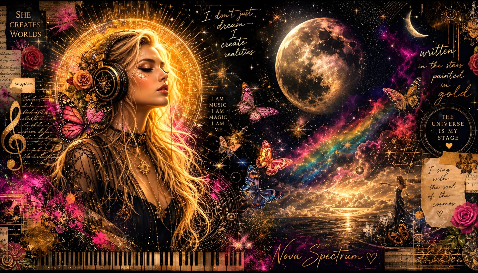 Nova Spectrum music artwork: a woman in headphones within a cosmic landscape of moon, butterflies and piano keys