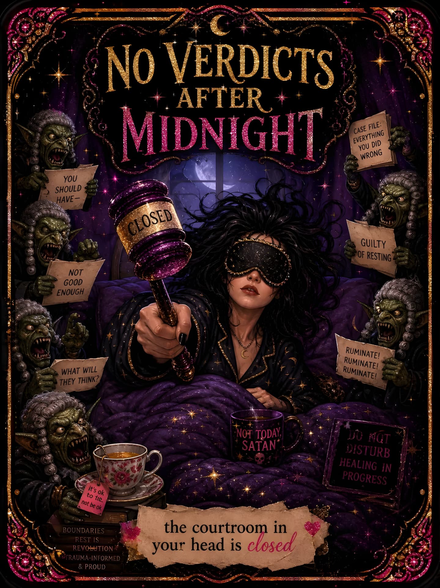 Card artwork: No Verdicts After Midnight — a figure in an eye mask closing the courtroom in their head with a gavel