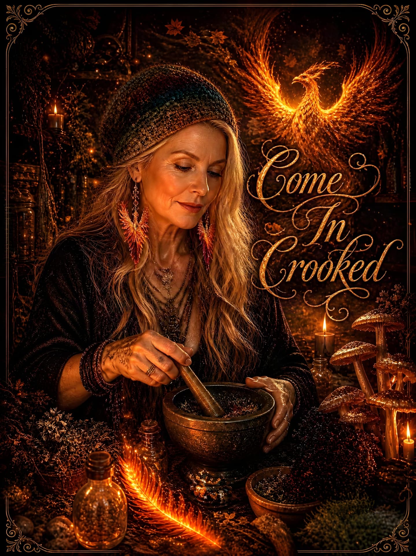 Cover art for Come In Crooked: a woman grinding herbs by candlelight with a fiery phoenix behind her