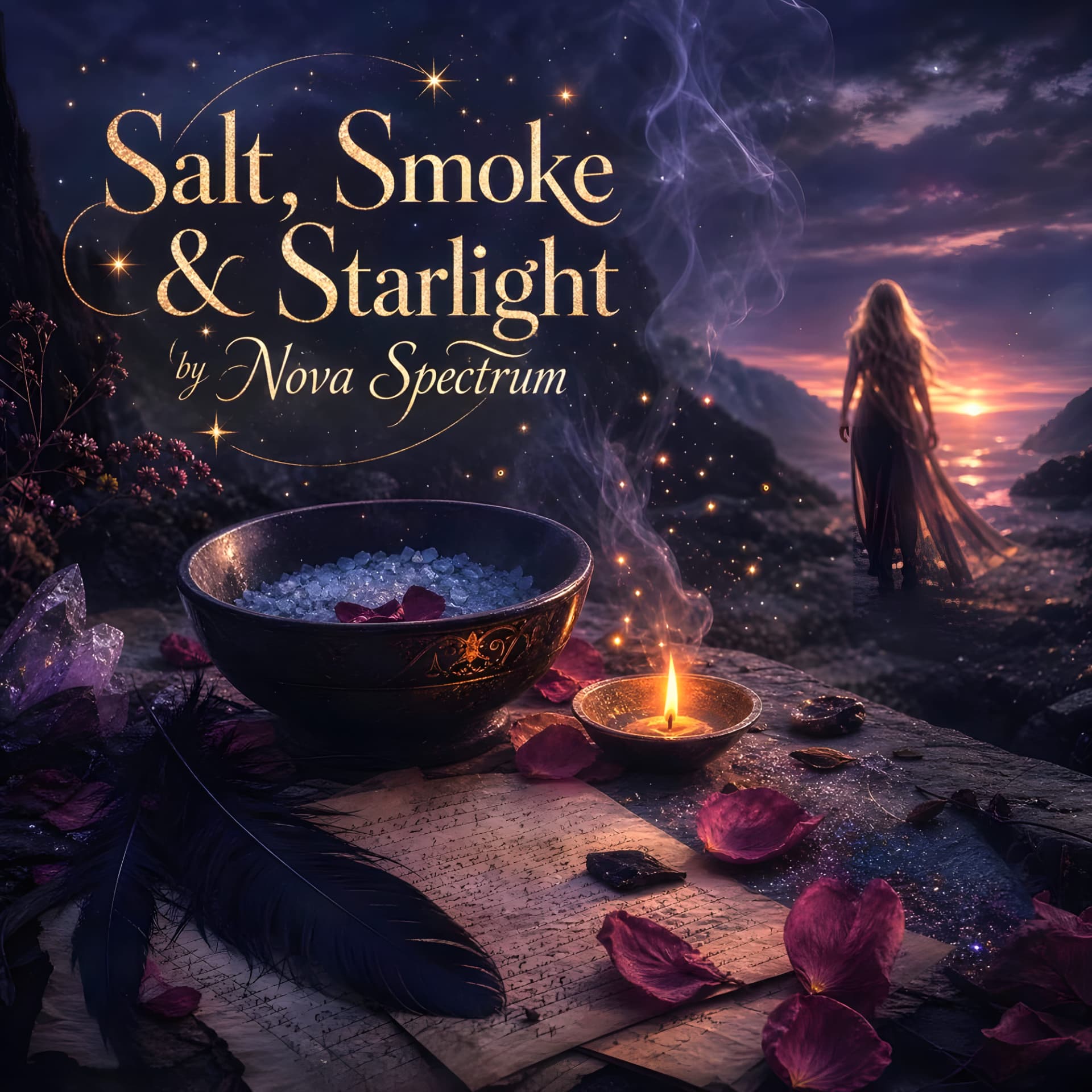 Salt, Smoke & Starlight playlist cover: night ocean waves under a full moon and scattered stars in a dark collage