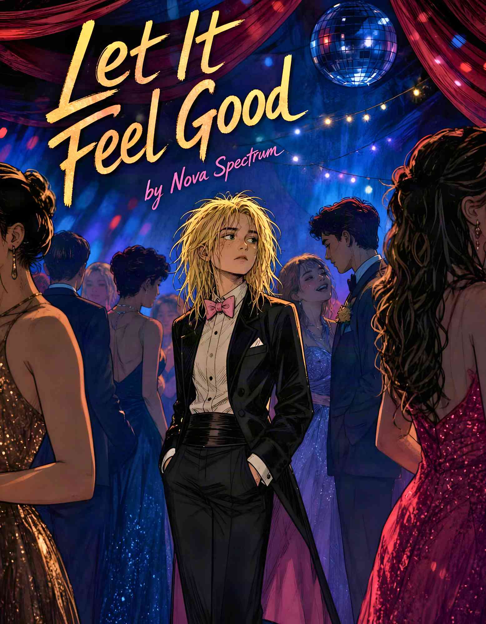 Cover of Let It Feel Good: a figure in a tuxedo and pink bow tie standing amid a glittering prom dance floor