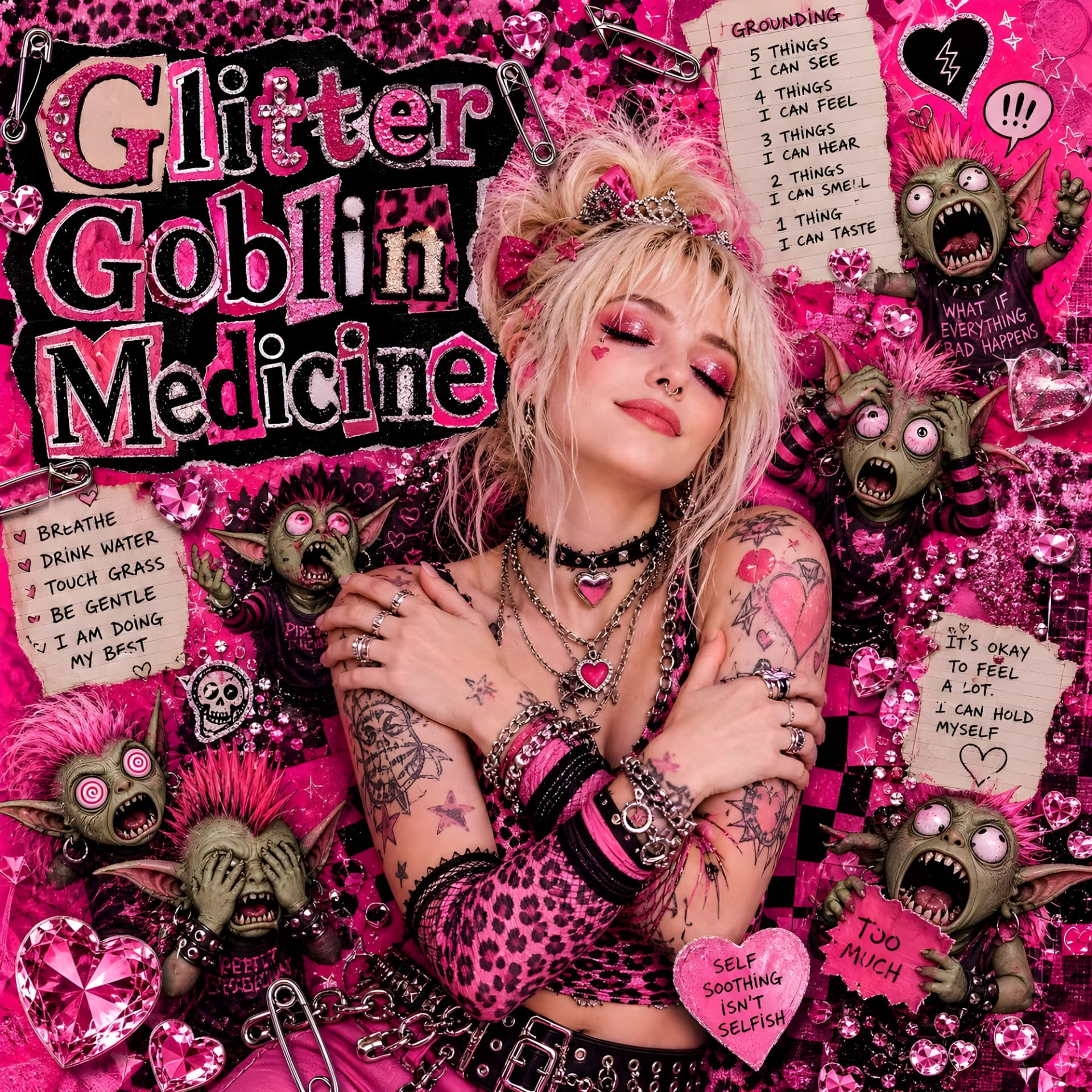 Glitter Goblin Medicine playlist cover: a cheeky glittering goblin with mushrooms and potion bottles in a dark collage
