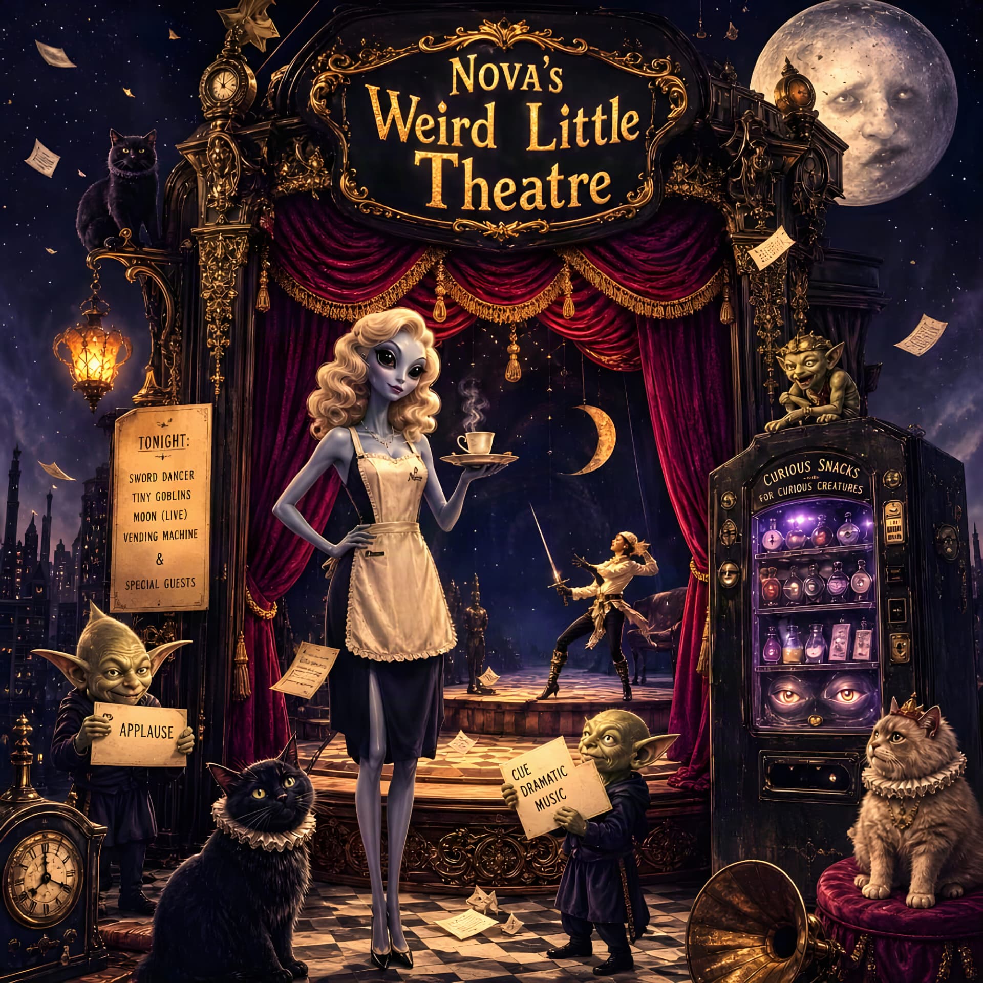 Nova's Weird Little Theatre playlist cover: a small theatrical stage with velvet curtains, masks and spotlight in a dark collage