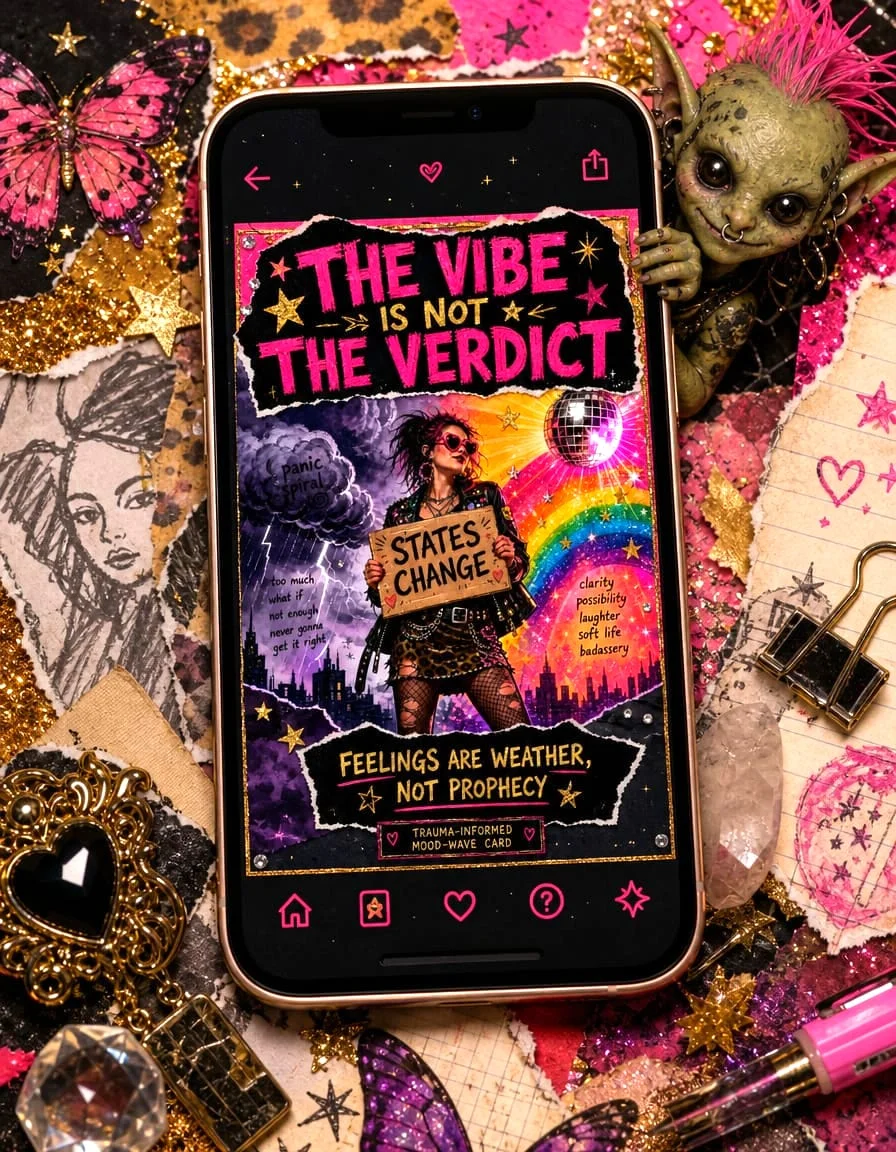 The Vibe Is Not the Verdict card shown inside the app on a smartphone, surrounded by a glitterpunk collage