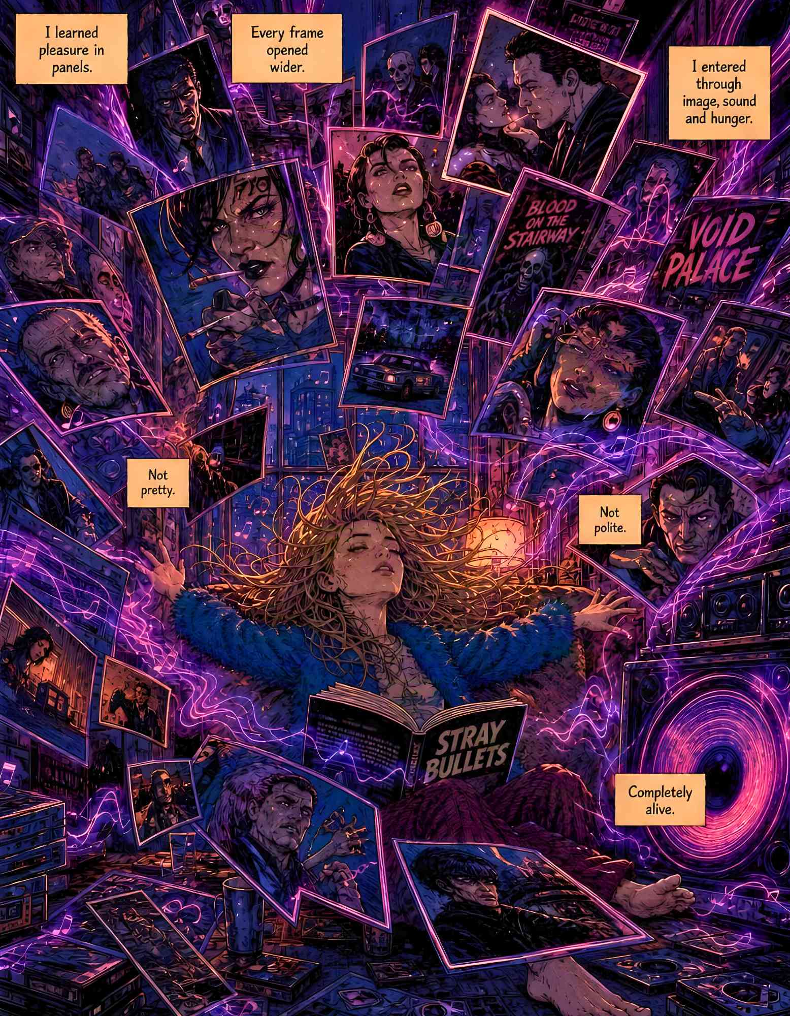 Interior page from Let It Feel Good: a figure floating among glowing comic panels reading a book, bathed in violet light
