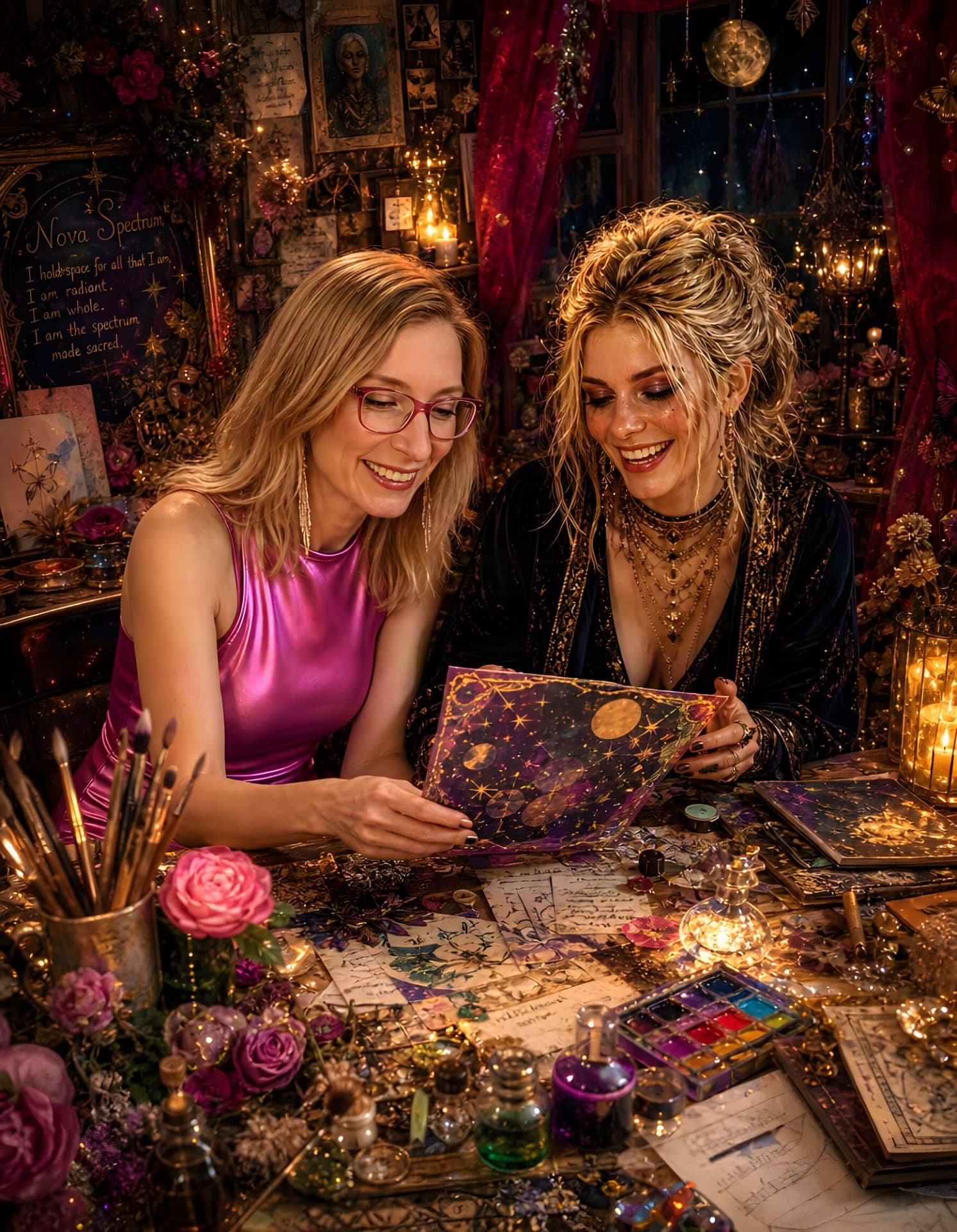 Angie and Nova creating together at a studio desk surrounded by art materials